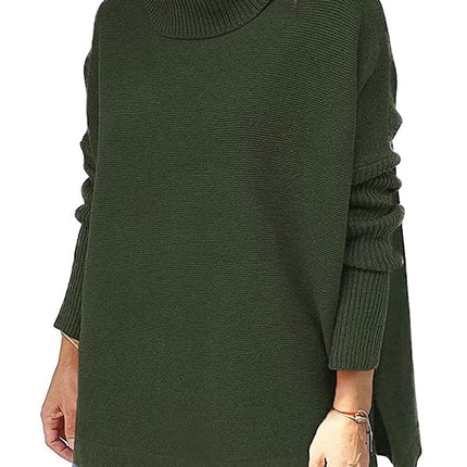 Turtleneck Sweater Mid Length Batwing Sleeve Slit Hem Tunic Pullover Sweaters Winter Tops Women Clothing