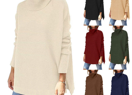 Turtleneck Sweater Mid Length Batwing Sleeve Slit Hem Tunic Pullover Sweaters Winter Tops Women Clothing