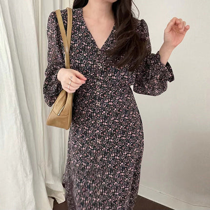 Elegant V-neck Elegant Floral Chiffon Dress