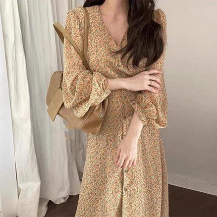 Elegant V-neck Elegant Floral Chiffon Dress
