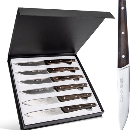 6Pcs Steak Knife Set Serrated Stainless Steel Utility with Wooden Handle