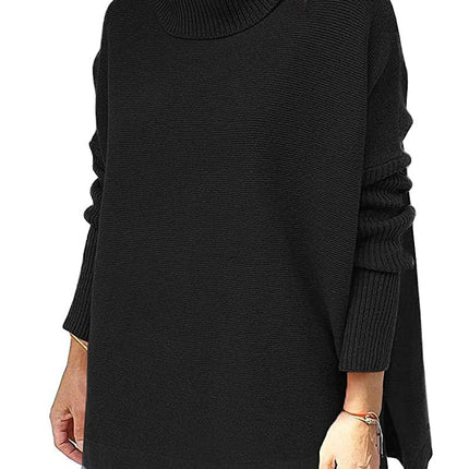 Turtleneck Sweater Mid Length Batwing Sleeve Slit Hem Tunic Pullover Sweaters Winter Tops Women Clothing