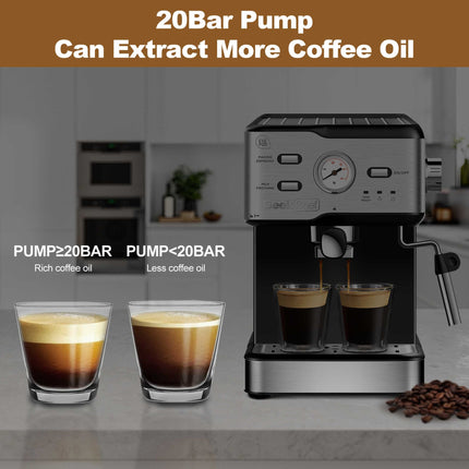 20 Bar Professional Coffee Machine With Pod Filter, Milk Frother Steam Wand & Thermometer. 1.5L Water Tank