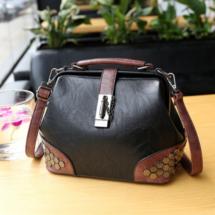 Women Handbag Leather Small Doctor Bag Women Shoulder Bag Female Crossbody Handbag Lock Chain Rivets Girls Vintage Women Bags