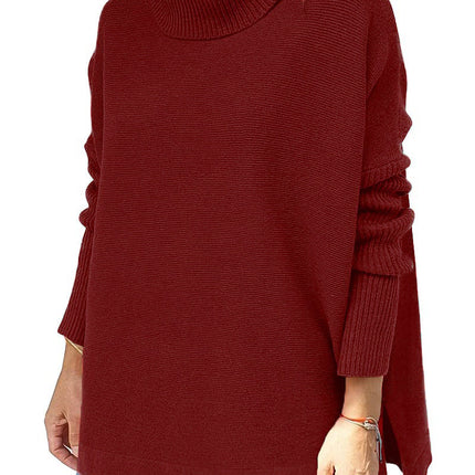 Turtleneck Sweater Mid Length Batwing Sleeve Slit Hem Tunic Pullover Sweaters Winter Tops Women Clothing