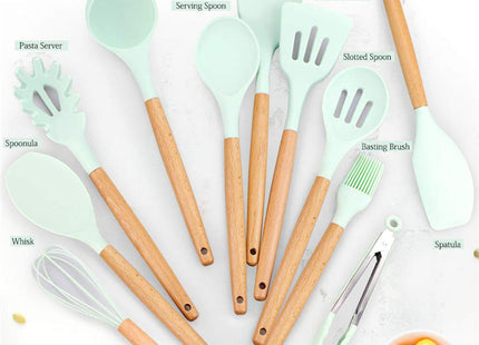 Silicone 11Pcs Kitchen Cooking Utensil Set  Non-stick Spatula Heat Resistant Wooden Handle