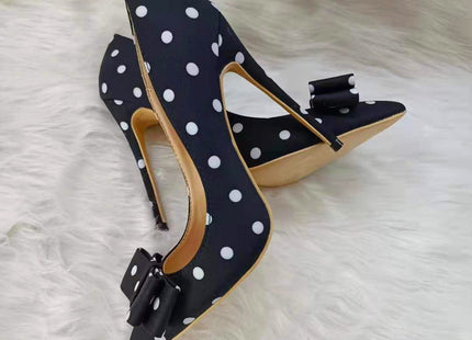 Black Satin Polka-dot High-heeled Shoes Female  Stiletto Pointed Shallow Mouth Single Shoes