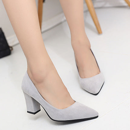 Spring new female grey lady shoes shallow pointed high-heeled shoes with thick shoes with all-match