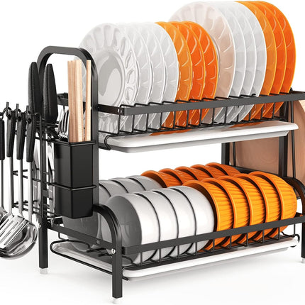 Dish Drying Rack, 2-Tier Dish Racks For Kitchen Counter, Sink Dish Drainer With Drainboard, Utensil Holder And Cutting Board Holder, Stainless Steel Kitchen Drying Rack-Black
