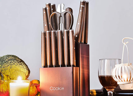 Kitchen Knife Sets, 15 Piece Knife Sets with Block for Kitchen Chef Knife Stainless Steel Knives Set Serrated Steak Knives with Manual Sharpener Knife Amazon Platform Banned