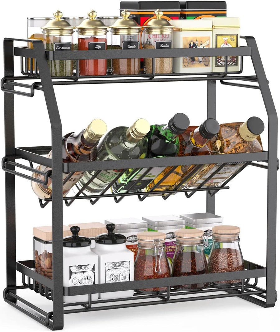 Organizador de especias, organizador de condimentos de 3 niveles, estante de especias para cocina, organizador de encimera para tocador de baño y cocina-Negro