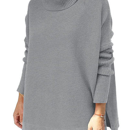 Turtleneck Sweater Mid Length Batwing Sleeve Slit Hem Tunic Pullover Sweaters Winter Tops Women Clothing