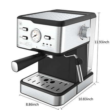 20 Bar Professional Coffee Machine With Pod Filter, Milk Frother Steam Wand & Thermometer. 1.5L Water Tank