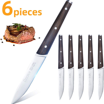 6Pcs Steak Knife Set Serrated Stainless Steel Utility with Wooden Handle