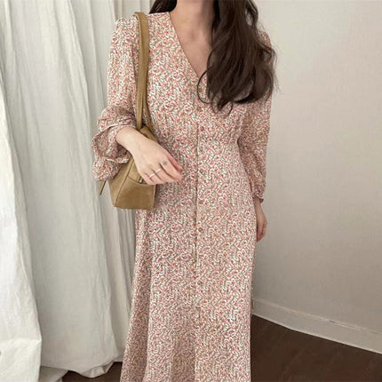 Elegant V-neck Elegant Floral Chiffon Dress