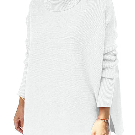 Turtleneck Sweater Mid Length Batwing Sleeve Slit Hem Tunic Pullover Sweaters Winter Tops Women Clothing