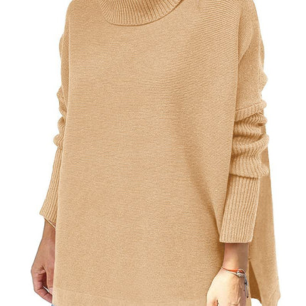 Turtleneck Sweater Mid Length Batwing Sleeve Slit Hem Tunic Pullover Sweaters Winter Tops Women Clothing