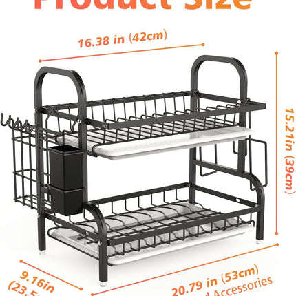 Dish Drying Rack, 2-Tier Dish Racks For Kitchen Counter, Sink Dish Drainer With Drainboard, Utensil Holder And Cutting Board Holder, Stainless Steel Kitchen Drying Rack-Black