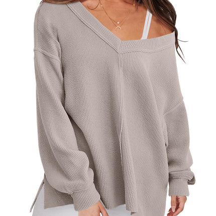 Fashion Lightweight V-neck Sweaters Women Winter Casual Long Sleeve Ribbed Knit Side Slit Pullover Top