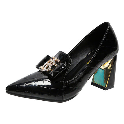 Pointed Rhinestone High Heels Female British Small Leather Shoes