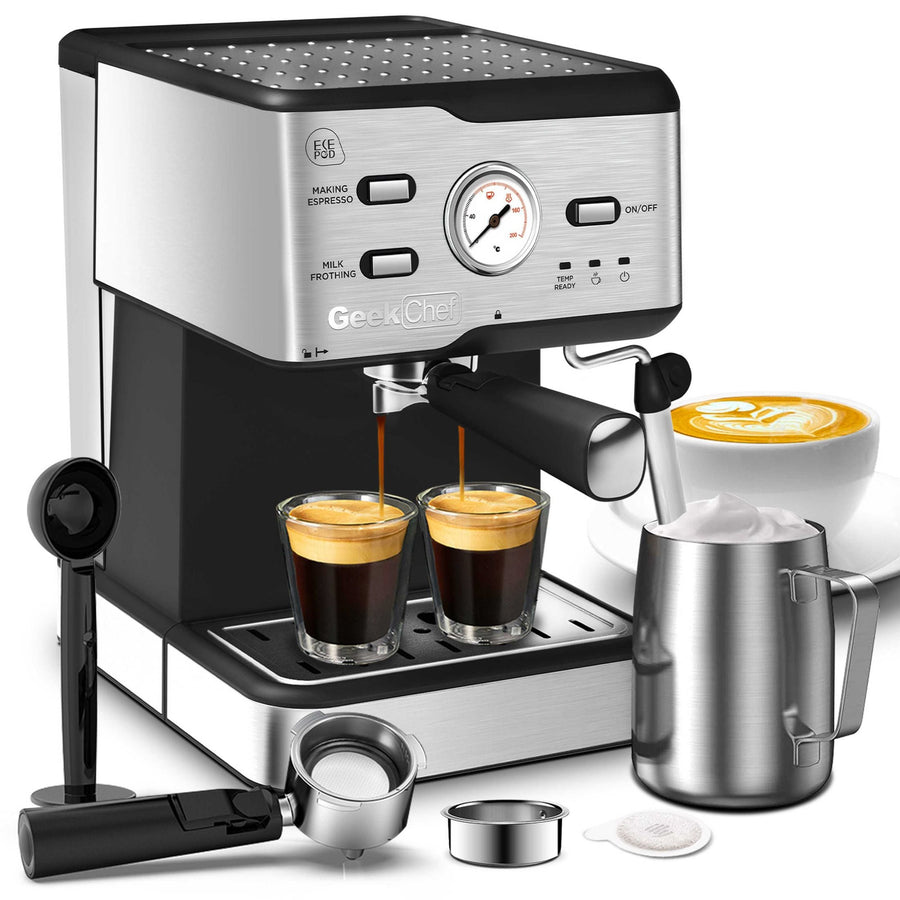 Cafetera profesional de 20 bares con filtro de cápsulas, varilla de vapor para espumar leche y termómetro. Depósito de agua de 1,5 L
