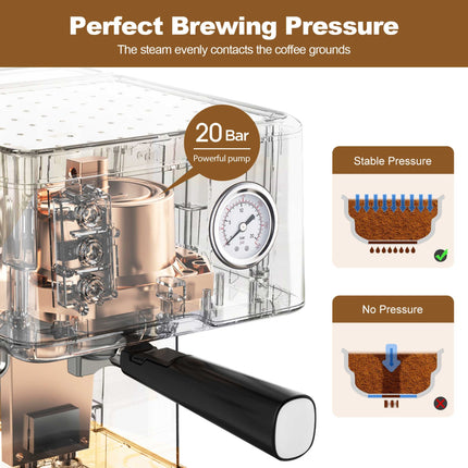 20 Bar Professional Coffee Machine With Pod Filter, Milk Frother Steam Wand & Thermometer. 1.5L Water Tank