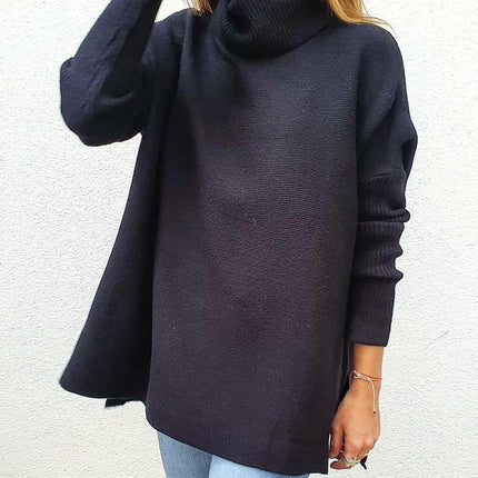 Turtleneck Sweater Mid Length Batwing Sleeve Slit Hem Tunic Pullover Sweaters Winter Tops Women Clothing