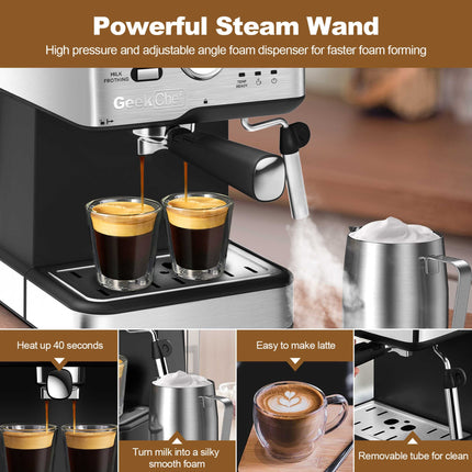 20 Bar Professional Coffee Machine With Pod Filter, Milk Frother Steam Wand & Thermometer. 1.5L Water Tank