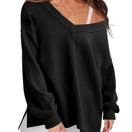 Fashion Lightweight V-neck Sweaters Women Winter Casual Long Sleeve Ribbed Knit Side Slit Pullover Top