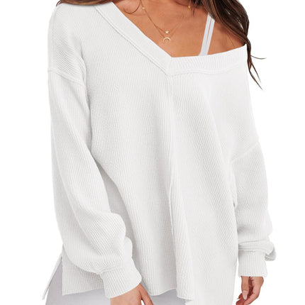 Fashion Lightweight V-neck Sweaters Women Winter Casual Long Sleeve Ribbed Knit Side Slit Pullover Top