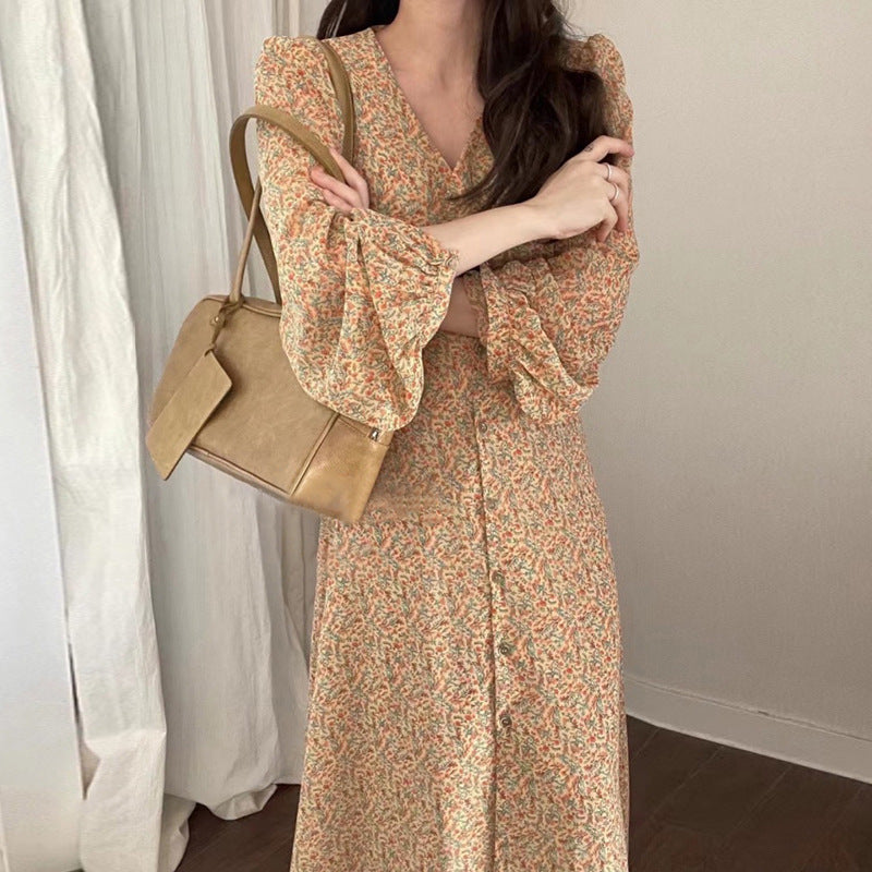 Elegant V-neck Elegant Floral Chiffon Dress