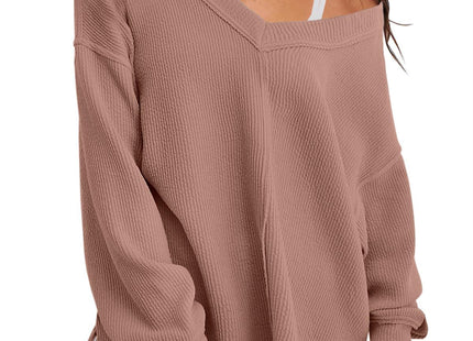 Fashion Lightweight V-neck Sweaters Women Winter Casual Long Sleeve Ribbed Knit Side Slit Pullover Top