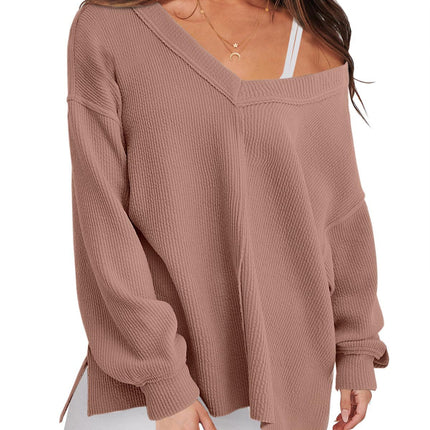 Fashion Lightweight V-neck Sweaters Women Winter Casual Long Sleeve Ribbed Knit Side Slit Pullover Top
