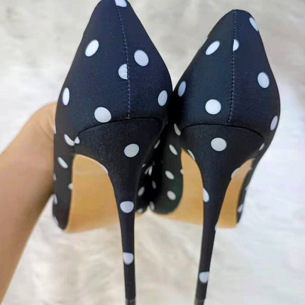 Black Satin Polka-dot High-heeled Shoes Female  Stiletto Pointed Shallow Mouth Single Shoes